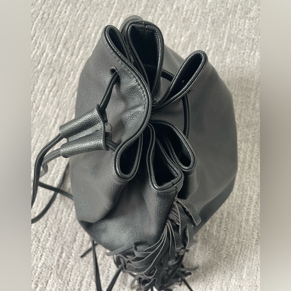 Victoria’s Secret Faux Black Leather Fringe Sides Draw String Backpack - Picture 5 of 8